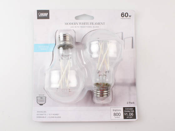 Feit Electric A1960CL950CAWFIL/2 Feit Dimmable 8.8 Watt 5000K A-19 LED Bulb, Exposed White Filament, 60 Watt Equivalent