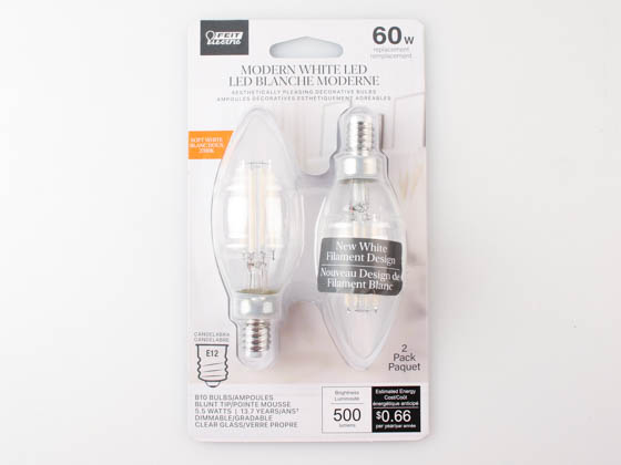 Feit Electric BPCTC60927CAWFIL/2 Feit Dimmable 5.5 Watt 2700K B-10 Exposed White Filament LED Bulb, 60 Watt Equivalent