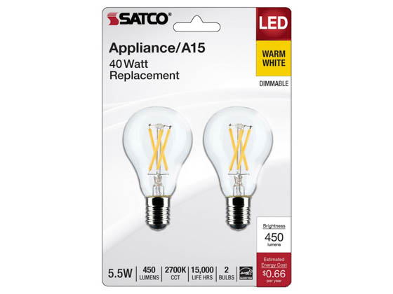 Satco Products, Inc. S21872 5.5A15/CL/LED/927/E17/2CD Satco 5.5 Watt Dimmable Clear A-15 LED Lamp, 2700K, 450 Lumens, E17 Base