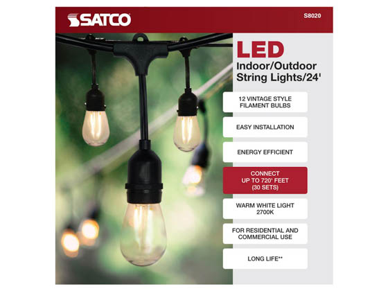 Satco Products, Inc. S8020 24FT/LED/STRING LIGHT/120V Satco 12 socket 24ft LED String Light with Clear 2700K S14 Bulbs Included