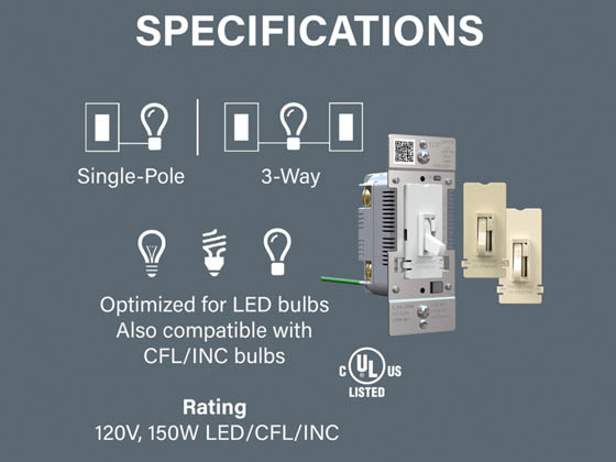 Legrand TSDL153PTC TSDL153PTC 150W, 120V Trademaster Toggle Slide LED Advanced Dimmer, Tri-Color