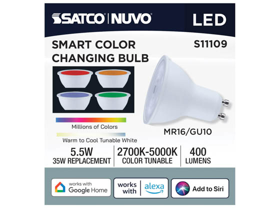 Satco Products, Inc. S11109 MR16/5.5W/LED/RGBTW/GU10/SF Satco Starfish 5.5W Smart Wi-Fi LED MR-16 Lamp, RGB Color Changing and Tunable White , GU10 Base, 120 Volt