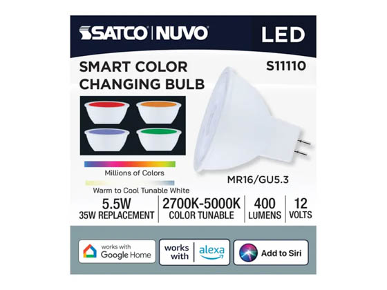 Satco Products, Inc. S11110 MR16/5.5W/LED/RGBTW/GU5.3/SF Satco Starfish 5.5W Smart Wi-Fi LED Mr-16 Lamp, RGB Color Changing and Tunable White , GU5.3 Base, 12 Volt
