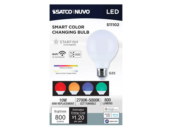 Satco Products, Inc. S11102 G25/10W/LED/RGBTW/SF Satco Starfish 10W Smart Wi-Fi LED G-25 Lamp, RGB Color Changing and Tunable White , E26 Base, 120 Volt
