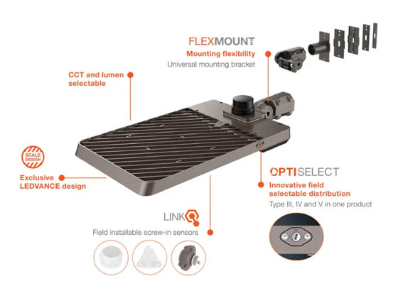 LEDVANCE 64014 AREAFLD6AS300UNHDSC2ADJBZ Sylvania Osram LEDvance LED Area Fixture Wattage (180/240/300W), Color, & Beam Adjustable Includes Control Ready Port, Arm, & Slipfitter Mount