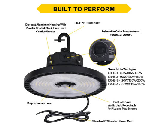 Halco Lighting 37313 ERHB-4-LS-CS-U Halco LED UFO High Bay Fixture Wattage (180/210/240W) and Color Selectable Includes Control Ready Port