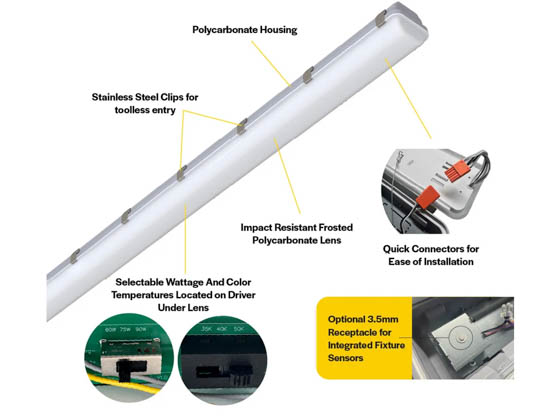 Halco Lighting 28112 LVPT-8-LS-CS-U Halco 96" Vapor Tight LED Fixture Wattage and Color Selectable Includes Control Ready Port