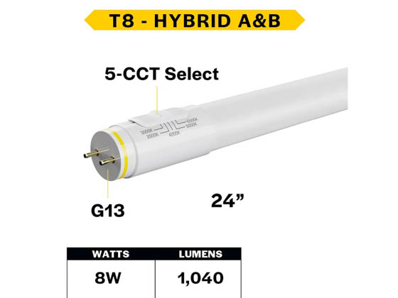 Halco Lighting 87300 24T8-8-8CS-HYB-D-LED2 Halco 8 Watt 24" 5 Color Selectable T8 Hybrid LED Lamp, NSF Rated