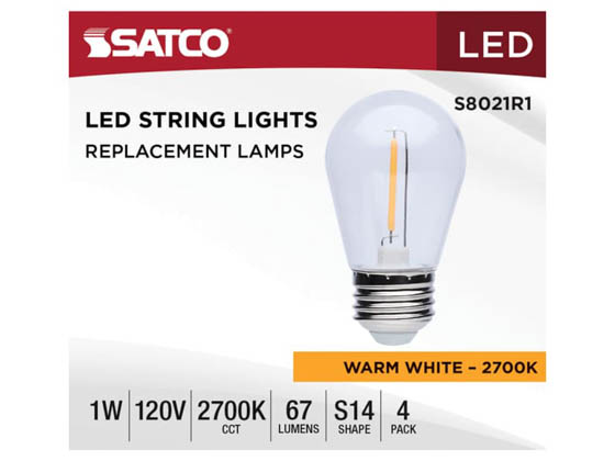 Satco Products, Inc. S8021R1 1W/LED/S14/CL/27K/120V/ND/4PK Satco 1 Watt S14 LED String Light Replacement Lamp 2700K, Clear Glass, 120 Volt