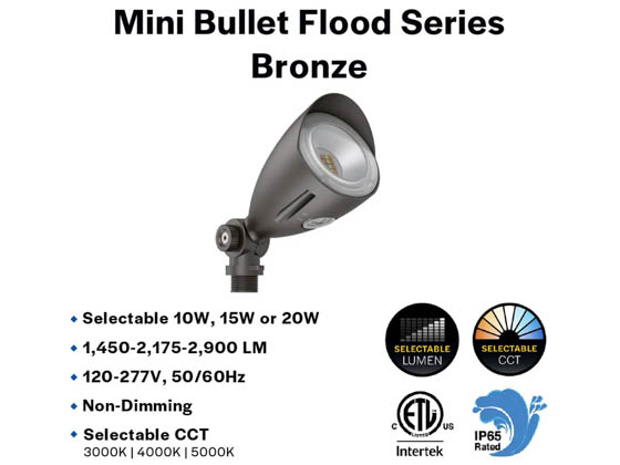 Halco Lighting 25590 MBUL-10-CS-U-BZ Halco LED Bullet Flood 10W 60° Wide Beam 3000/4000/500K Selectable Knuckle Mount Bronze Finish