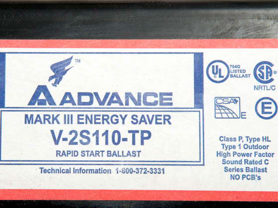 Advance Transformer V2S110TP V2S110TP (277V) Philips Advance 277 Volt Two Lamp F96T12/HO Magnetic Fluorescent Ballast