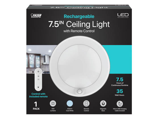 Feit Electric CM7.5/840/35/BAT FEIT/RECHARGE/840/REMOTE/BAT Feit 6 Watt 7.5" Battery Powered Rechargeable LED Ceiling Fixture, 4000K, Remote Control Included