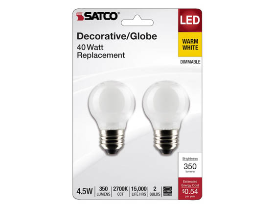 Satco Products, Inc. S21816 4.5G16.5/LED/WH/927/120V/E26/2 Satco 4.5W Dimmable White G16.5 LED Globe Bulb, 90 CRI, 2700K, E26 Base