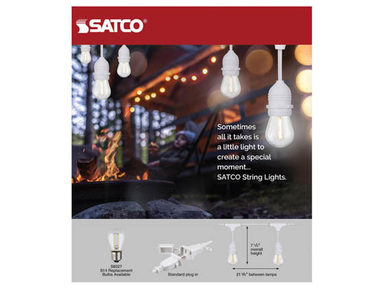 Satco Products, Inc. S8038 24FT/LED/SL/S14/822K/WH/120V Satco 12 socket 24ft LED String Light with Clear 2200K S14 Bulbs Included White Finish