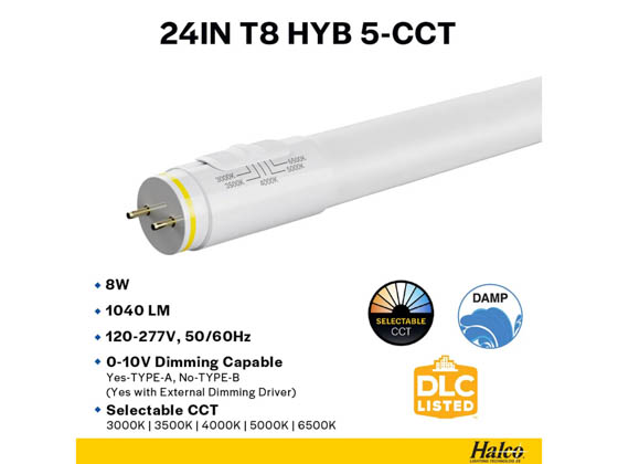 Halco Lighting 87300 24T8-8-8CS-HYB-D-LED2 Halco 8 Watt 24" 5 Color Selectable T8 Hybrid LED Lamp, NSF Rated