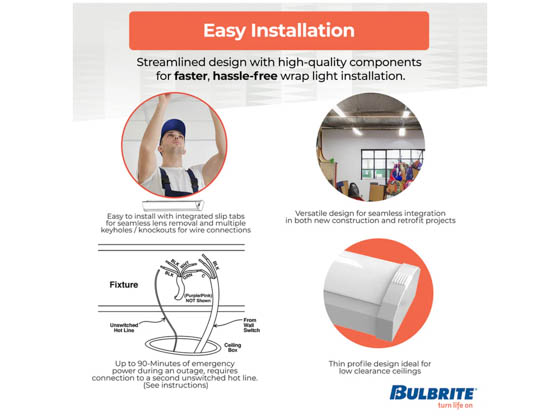 Bulbrite 773505 LED20WRAP/2FT-BB/5CCT/927-950/J/WH/D 24" LED Wrap Fixture 20W Color Selectable (27/30/35/40/50K) with Emergency Battery Backup