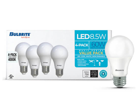 Bulbrite 774250 LED8A19/B60W/850/4P 8.5 Watt Non-Dimmable A19 LED Bulb, 5000K, 60 Watt Equivalent