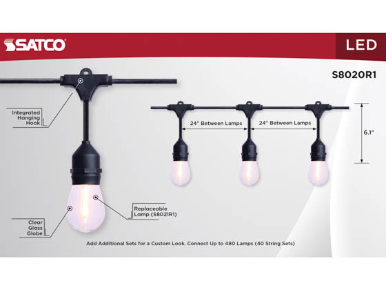 Satco Products, Inc. S8020R1 24FT/LED/SL/S14/27K/120V Satco 12 Socket 24 Foot LED String Light with Clear 2700K S14 Bulbs Included