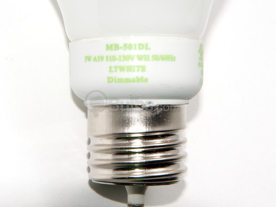 Litetronics MB-501DL 5W/A19/WH-LW 110-130 30 Watt Incandescent Equivalent, 5 Watt, White A19 DIMMABLE/FLASHABLE Cold Cathode Lamp.