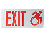 Exitronix Steel Exit Sign Featuring Modified Racer-Style Wheelchair Accessibility Symbol, White